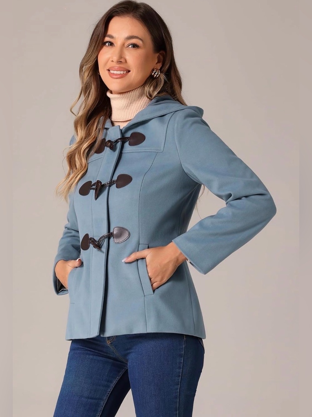 Allegra K Light Blue Hooded Toggle Pea Coat